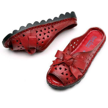 SOCOFY Bowknot Leather Hollow Out Vintage Peep Toe Slippers