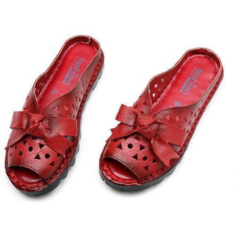 SOCOFY Bowknot Leather Hollow Out Vintage Peep Toe Slippers