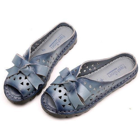 SOCOFY Bowknot Leather Hollow Out Vintage Peep Toe Slippers