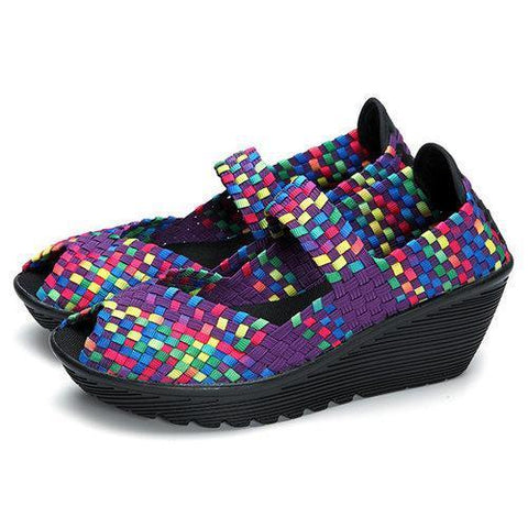 Colorful Knitting Slip On Fish Mouth Wedges Shoes