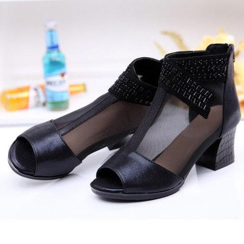 Big Size Mesh Beaded Peep Toe Square Heel Zipper Shoes