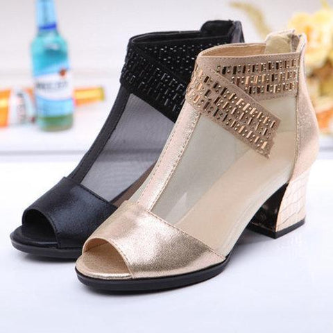 Big Size Mesh Beaded Peep Toe Square Heel Zipper Shoes