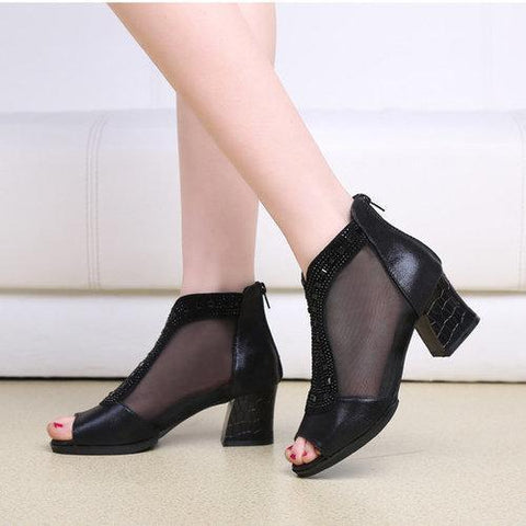 Big Size Mesh Beaded Peep Toe Square Heel Zipper Shoes