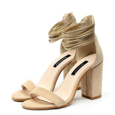 Suede Peep Toe Chunky High Heel Strappy Pumps