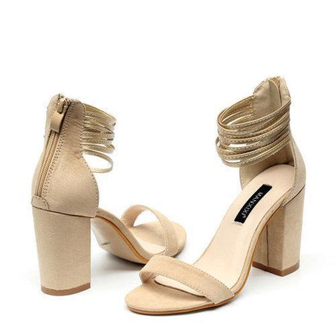 Suede Peep Toe Chunky High Heel Strappy Pumps