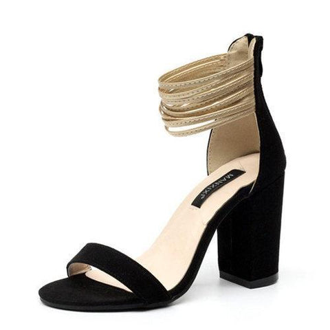 Suede Peep Toe Chunky High Heel Strappy Pumps