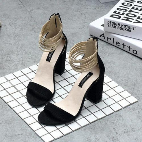 Suede Peep Toe Chunky High Heel Strappy Pumps