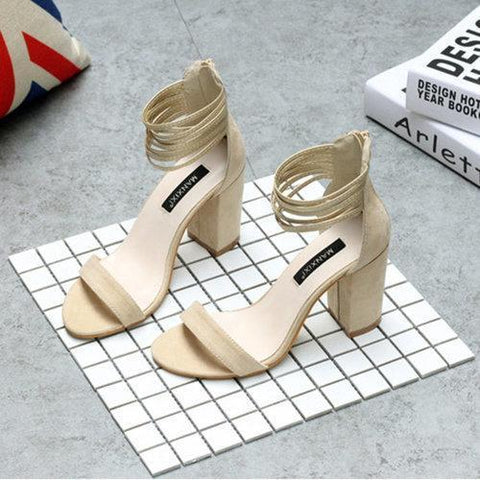 Suede Peep Toe Chunky High Heel Strappy Pumps