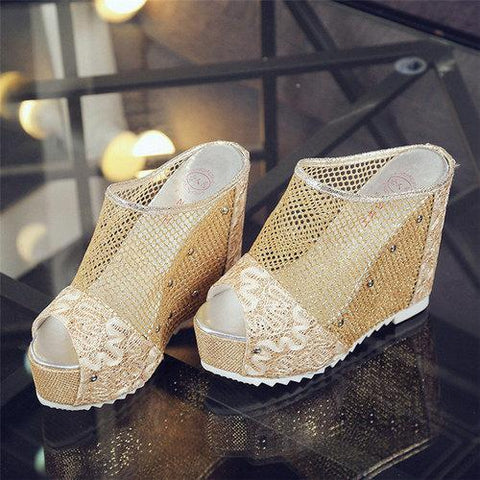 Mesh Platform Breathable Peep Toe Casual Slippers For Women