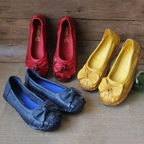 SOCOFY Butterfly Knot Woven Soft Retro Flat Shoes