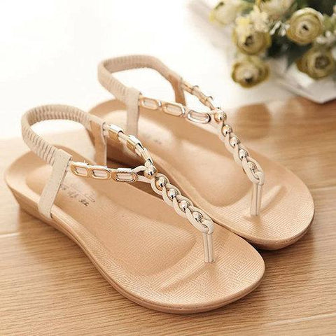 Metal Chain Clip Toe Bohemia Flat Elastic Sandals For Women