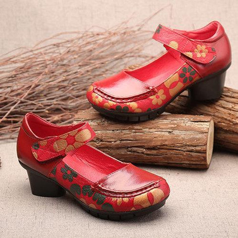 SOCOFY Printing Hook Loop Mid Heel Retro Casual Shoes