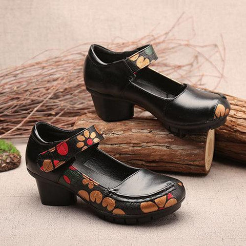 SOCOFY Printing Hook Loop Mid Heel Retro Casual Shoes