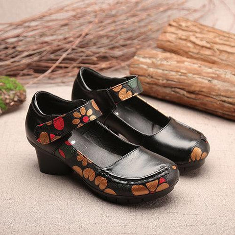 SOCOFY Printing Hook Loop Mid Heel Retro Casual Shoes