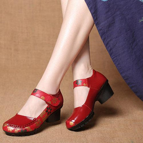 SOCOFY Printing Hook Loop Mid Heel Retro Casual Shoes