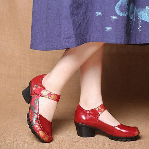 SOCOFY Printing Hook Loop Mid Heel Retro Casual Shoes