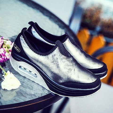 Shiny Rocker Sole Platform Casual Slip On Shoes For Women