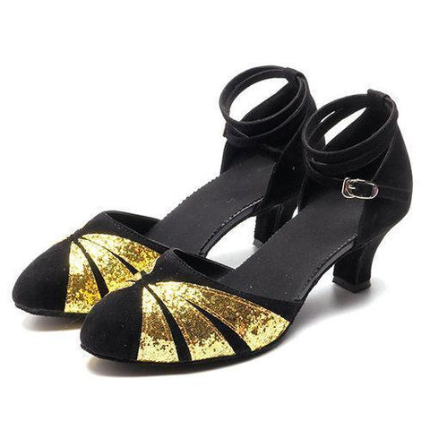 Sequins Buckle Suede Mid Heel Soft Sole Pumps