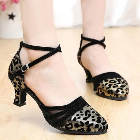 Leopard Pattern Sequins Buckle Mid Heel Pumps