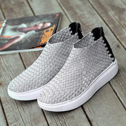 Woven Zipper Knitting High Top Breathable Flat Casual Shoes