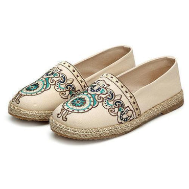 Pattern Vintage Embroidery Flax Soft Flat Loafers