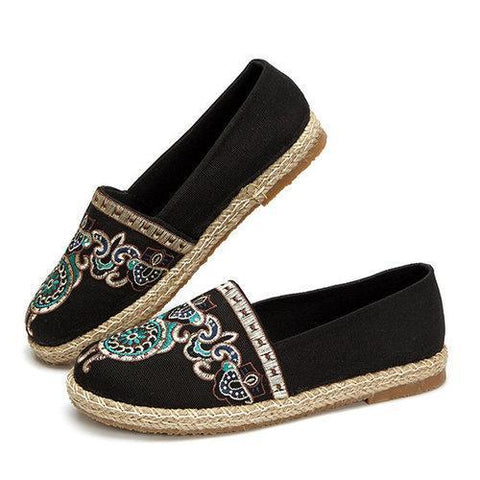 Pattern Vintage Embroidery Flax Soft Flat Loafers