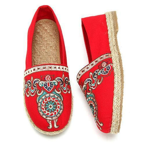 Pattern Vintage Embroidery Flax Soft Flat Loafers