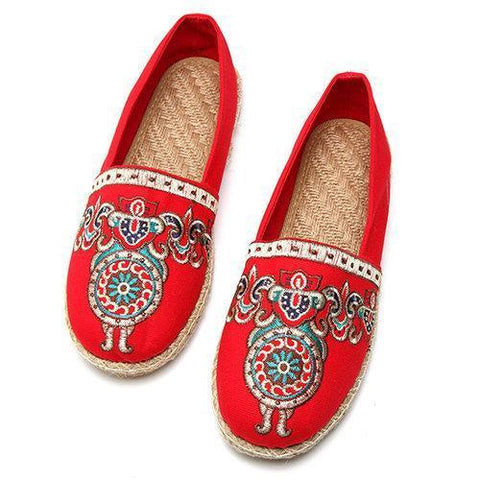 Pattern Vintage Embroidery Flax Soft Flat Loafers