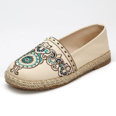 Pattern Vintage Embroidery Flax Soft Flat Loafers