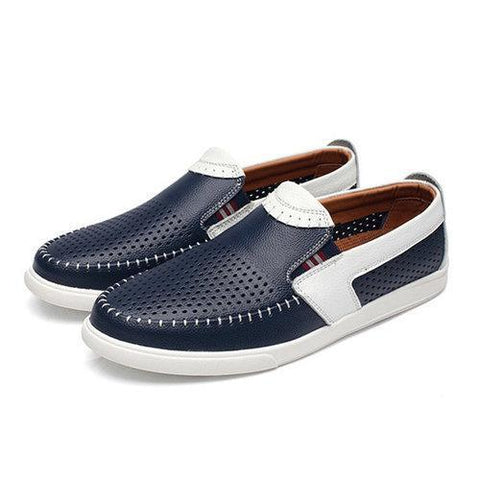 Men Stitching Color Blocking Hole Breathable Trainers Slip On Leather Loafers