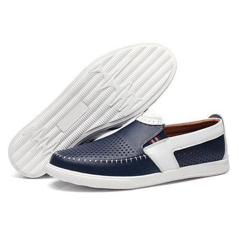 Men Stitching Color Blocking Hole Breathable Trainers Slip On Leather Loafers