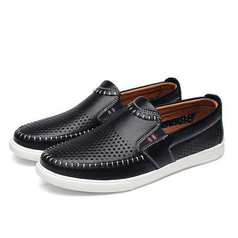 Men Stitching Color Blocking Hole Breathable Trainers Slip On Leather Loafers