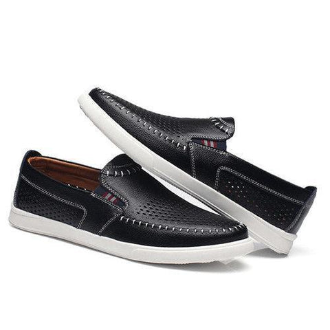 Men Stitching Color Blocking Hole Breathable Trainers Slip On Leather Loafers