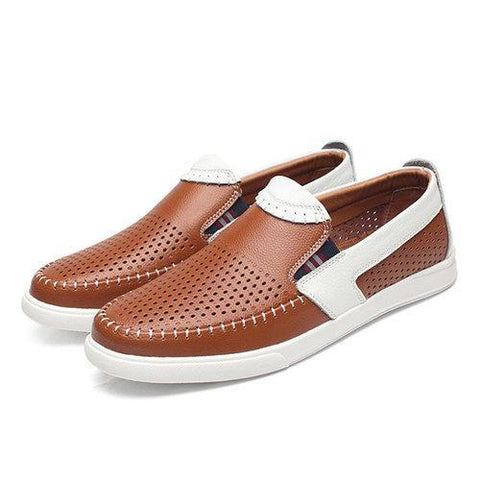 Men Stitching Color Blocking Hole Breathable Trainers Slip On Leather Loafers