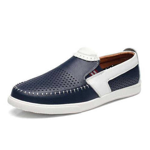 Men Stitching Color Blocking Hole Breathable Trainers Slip On Leather Loafers