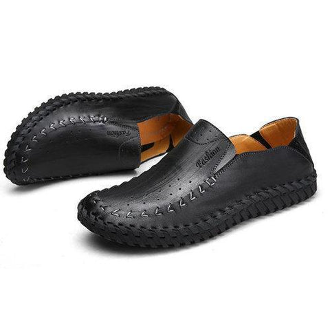 Men Hole Breathable Hand Stitching Soft Flat Slip On Casual Leather Loafers