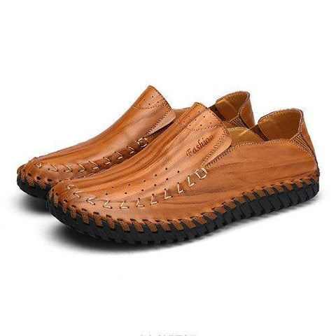 Men Hole Breathable Hand Stitching Soft Flat Slip On Casual Leather Loafers