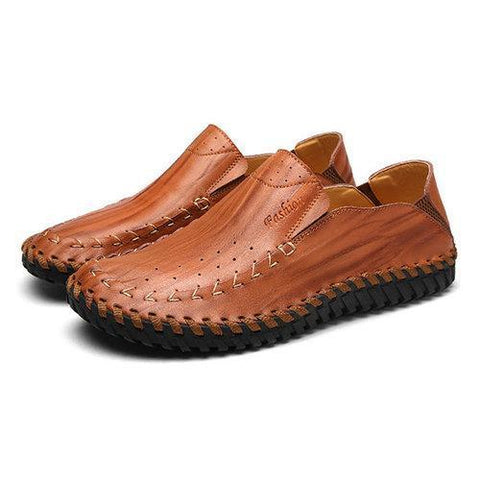 Men Hole Breathable Hand Stitching Soft Flat Slip On Casual Leather Loafers