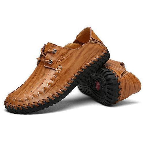 Men Hand Stitching Hole Breathable Soft Flat Casual Leather Shoes