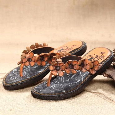 Flower Genuine Leather Flip Flops Folkways Beach Slippers