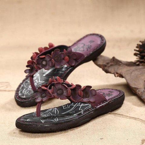 Flower Genuine Leather Flip Flops Folkways Beach Slippers