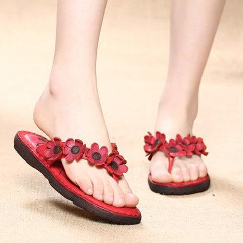 Flower Genuine Leather Flip Flops Folkways Beach Slippers