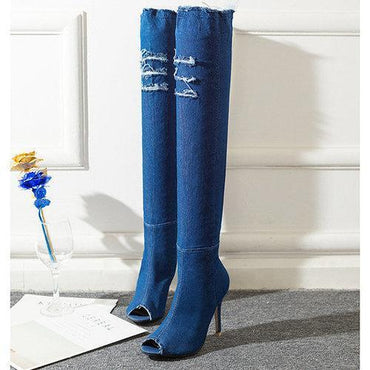 Denim Peep Toe High Heel Thigh High Boots