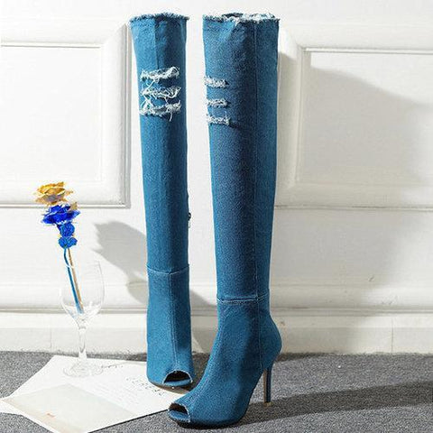 Denim Peep Toe High Heel Thigh High Boots