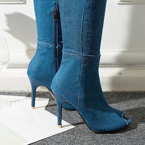 Denim Peep Toe High Heel Thigh High Boots