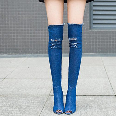 Denim Peep Toe High Heel Thigh High Boots