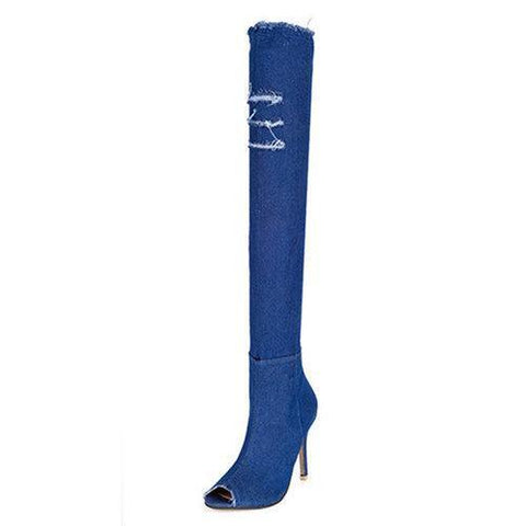 Denim Peep Toe High Heel Thigh High Boots