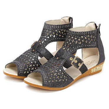 Peep Toe Rhinestone Hollow Out Wedges Zipper Roman Sandals