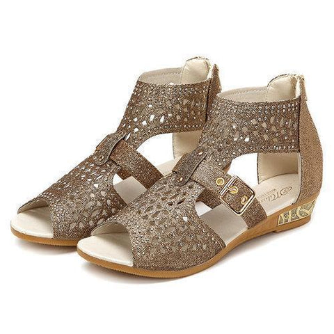 Peep Toe Rhinestone Hollow Out Wedges Zipper Roman Sandals