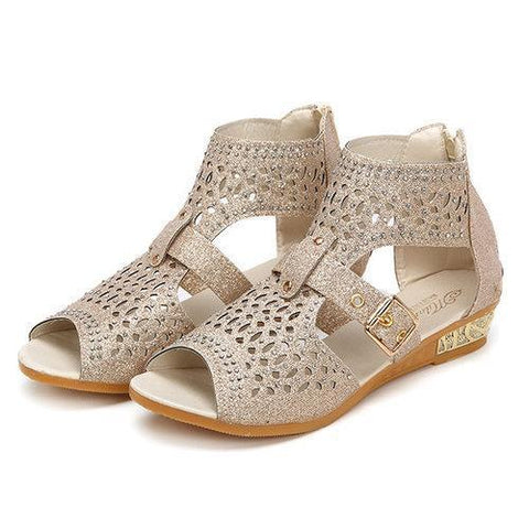 Peep Toe Rhinestone Hollow Out Wedges Zipper Roman Sandals